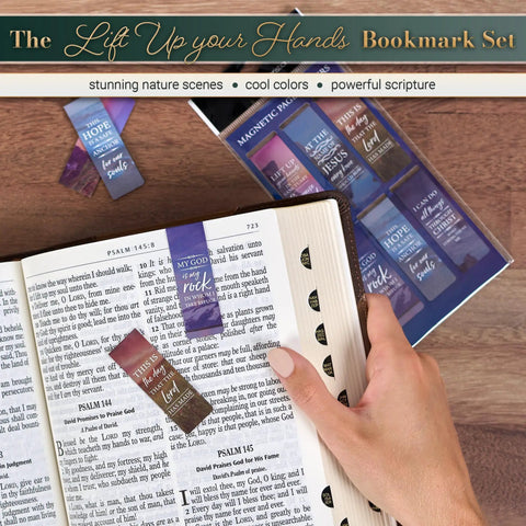 Person using Magnetic Christian Bookmark Set Of 6 Pagemarkers With Scripture Quotes while studying a Bible.