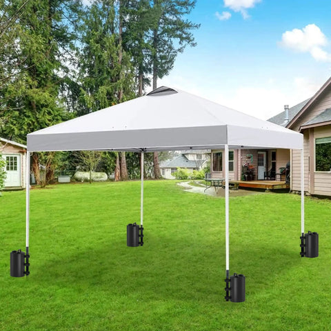 Heavy Duty Canopy Water Weights Bags 88 Lb Tent Anchors 10L Water Bags Windproof Stabilizers For Outdoor Pop Up Tents Gazebos Shelter 4 Pack Black Storm Ready securing a white tent in a garden setting
