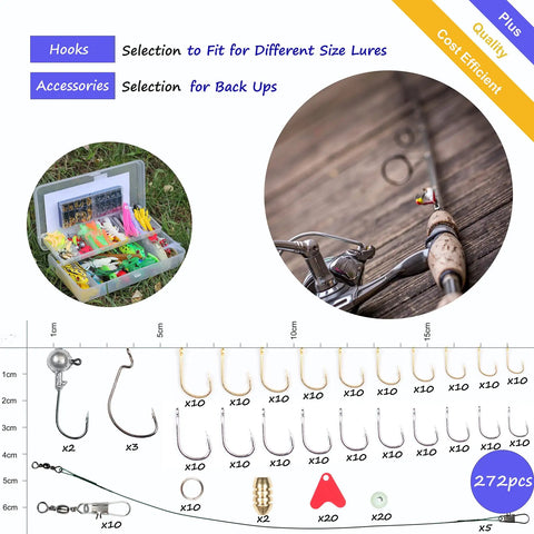 399 Piece Freshwater Fishing Lure Kit For Bass Trout And Salmon with tackle box, hooks, and fishing rod detail