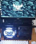 Open Frame PC Test Bench Rig With Aluminum Chassis for DIY Builds Fits ITX MATX ATX Motherboards Holds 2 HDD and 2 SSD Vertical Liquid Cooling Ready Perfect For Overclocking And Custom Rig Building showcasing installed components and illuminated fan.