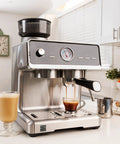 Automatic Espresso Machine With Built In Grinder And Auto Tamper For Barista Grade Morning Sips pouring coffee into a mug