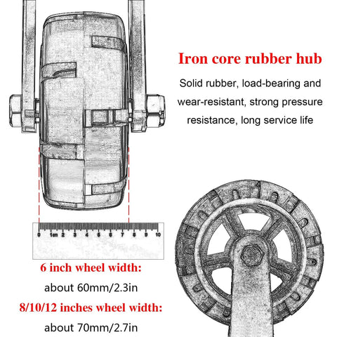 Close-up of Four Pack Heavy Duty Swivel Casters With Locking Brakes And Solid Rubber Wheels Featuring Dual Ball Bearings for smooth use.