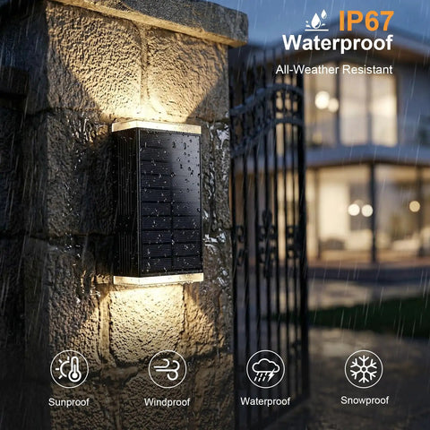Four Pack Solar Wall Lights For Outdoor Use With Dusk To Dawn Sensor mounted on stone wall, showcasing waterproof design.