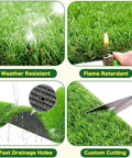 Cuttable Artificial Grass Turf Mat 1.5x10m Drainage-Friendly Outdoor Carpet showing water resistance, flame retardance, drainage, and cutting