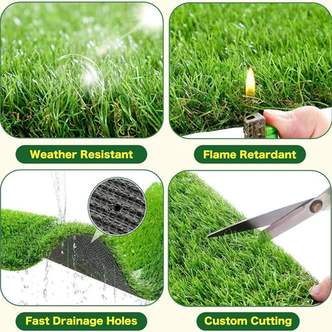 Cuttable Artificial Grass Turf Mat 1.5x10m Drainage-Friendly Outdoor Carpet showing water resistance, flame retardance, drainage, and cutting