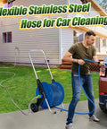 Man using Beefy Heavy Duty 304 Stainless Steel Construction Double Female Hose Connector for car cleaning outdoors.