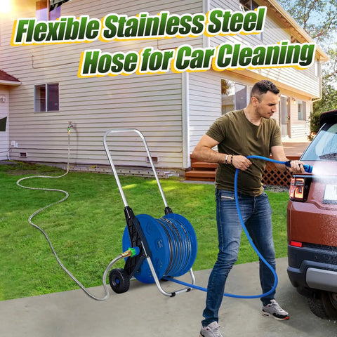 Man using Beefy Heavy Duty 304 Stainless Steel Construction Double Female Hose Connector for car cleaning outdoors.