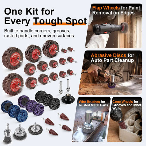 35 Piece Flap Sanding Kit, Pro Grade, With One Quarter Inch Shank For Drill And Die Grinder displayed with components
