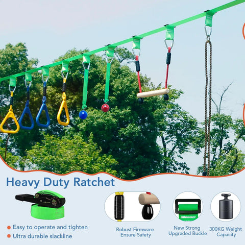 Two In One Ninja Warrior Obstacle Course With Zip Line For Kids And Adults Transformable Backyard Slackline Kit installed between trees