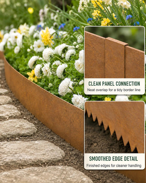 Pre Rusted Cor Ten Steel Landscape Edging Kit with 4.5 inch low profile border in a garden along stone pathway