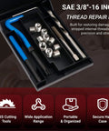 3/8-16 Helicoil Thread Repair Kit with HSS Drill Bit, thread inserts, installation tool, break-off tool, precision tap, and case