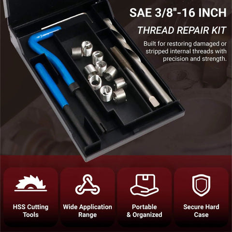3/8-16 Helicoil Thread Repair Kit with HSS Drill Bit, thread inserts, installation tool, break-off tool, precision tap, and case