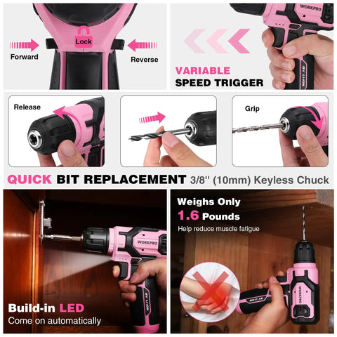 Pink Cordless Drill Set 8V Impact Drill Driver With 53 Piece Bit Kit 2.0Ah Battery, showing keyless chuck and LED light in use.