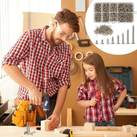 Father and daughter working on DIY project with Eight Hundred Piece M2 304 Grade Stainless Steel Screws Assortment Kit in background