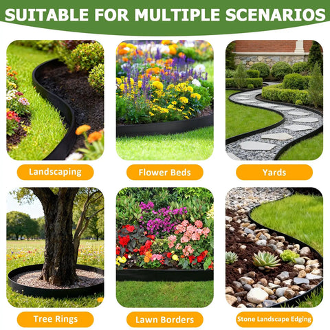 Collage showing flexible DIY friendly plastic garden edging border 4 inches tall for flower beds, lawns, yards, and tree rings.