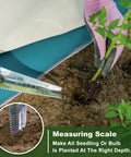 Using 5 In 1 Garden Weed Trowel With Serrated Edges And Measuring Scale Stainless Steel Multi Tool For Planting Digging Weeding And Dandelion Removal Ergonomic Grip Hand Tool For Quick Cut And Pull in soil.