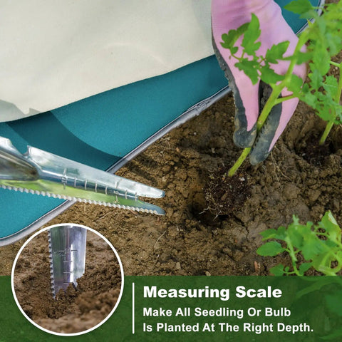 Using 5 In 1 Garden Weed Trowel With Serrated Edges And Measuring Scale Stainless Steel Multi Tool For Planting Digging Weeding And Dandelion Removal Ergonomic Grip Hand Tool For Quick Cut And Pull in soil.