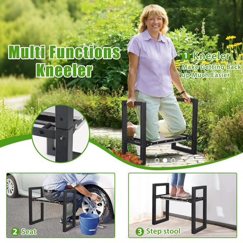 Woman using 3 In 1 Garden Kneeler And Seat Folding Heavy Duty Bench With Handles for Kneeling and Sitting in garden