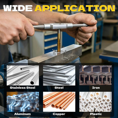 All In One 86 Piece SAE And Metric Tap And Die Set For Threading being used on metal, images of compatible materials shown. Wide application.