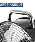 Close-up of large handle on Beefy High Velocity Dual Speed Metal Drum Fan with sleek design and quiet operation