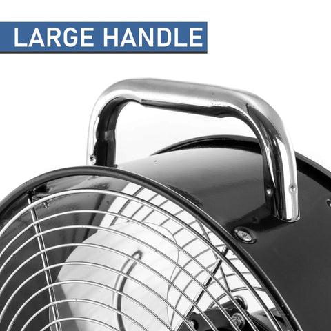 Close-up of large handle on Beefy High Velocity Dual Speed Metal Drum Fan with sleek design and quiet operation