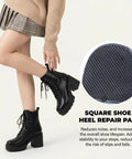 Woman wearing boots with 4 Pack Boot Heel Patches And Sole Repair Caps Non Slip Rubber Heel Caps For Boots And High Heels Square Soles Tread Pads 2.44 X 2.44 Inches Black Nude Grip And Stability Boost.