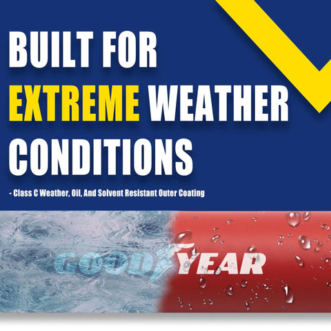 Image of text 'Built for Extreme Weather Conditions' with icy and wet graphics, highlighting durability of Pro Grade 50 Foot 3/8 Inch Variflex Rubber Air Hose With 300 PSI Working Pressure And 1200 PSI Burst, Built Tough For Extreme Weather, Lightweight Hybrid Polymer, Brass 1/4 Inch NPT Fittings, Bend Restrictors Prevent Kinks.