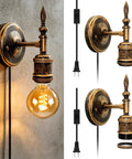Steampunk Plug in Wall Sconces Set of Two, Wall Lamp Industrial with E27 socket and 220CM lamp cable, retro bronze finish.