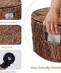 Round Water Hyacinth Storage Basket With Lid And Wheels Boho Chic Natural Rattan Bin with user-friendly handles and solid bottom.