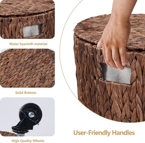 Round Water Hyacinth Storage Basket With Lid And Wheels Boho Chic Natural Rattan Bin with user-friendly handles and solid bottom.