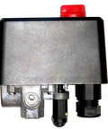 Front view of Air Compressor Pressure Switch With Four Port Unloader And On Off Knob 95 To 125 PSI Cut In Out One Pole One Quarter Inch Quick Connect Fitting For Check Valve Unloader Line 26 Amp For Pro Shop Use.