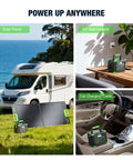 Portable Power Station 300W with 288Wh Lithium Battery for camping, shown with solar panel, AC wall adapter, and car charging cable.