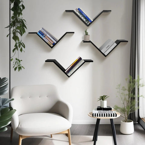 Super Sleek Black Wall Mount Bookshelf Set Of Two With Sweet Wing Shaped Design That Offers Hella Spacious Storage While Giving Your Space Total Modern Vibes