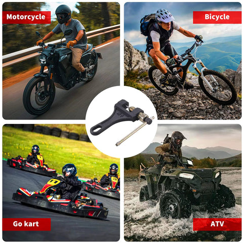 Chain breaker tool for 420-530 chains; central black tool with motorcycle, mountain bike, go-kart, and ATV in collage.