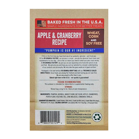 Back label of Apple And Cranberry Pumpkin Crunchers For Dogs, Grain Free Antioxidant Rich Treats, 14 Oz, Made In USA