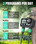 Brass Two Station Hose Timer With Large Digital Display showing 3 daily programs for garden irrigation on faucet mount.