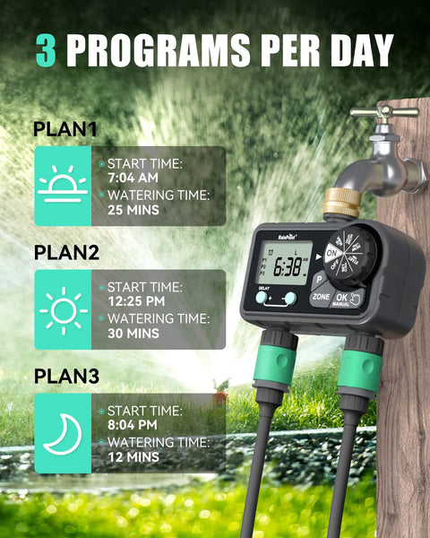 Brass Two Station Hose Timer With Large Digital Display showing 3 daily programs for garden irrigation on faucet mount.