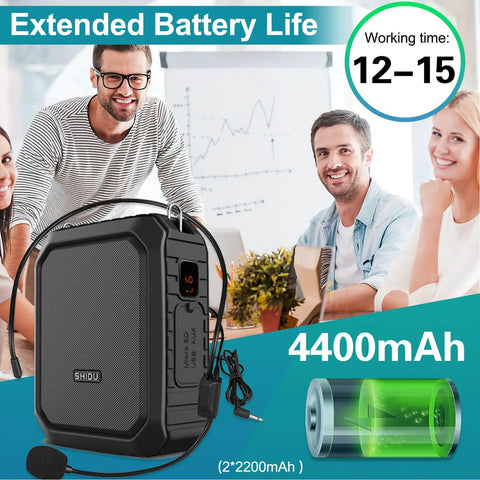 Bluetooth Voice Amplifier With Lapel Mic And Headset Microphone Pack, 18W IPX5 Waterproof Portable PA System displayed with battery info