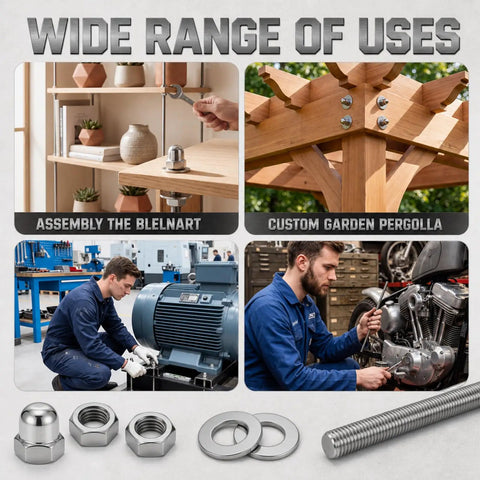 52 Piece Stainless Steel M6 Hardware Kit With 10 Inch Threaded Rods, Hex Lock Nuts, Acorn Cap Nuts, And Flat Washers, DIY furniture and repair use