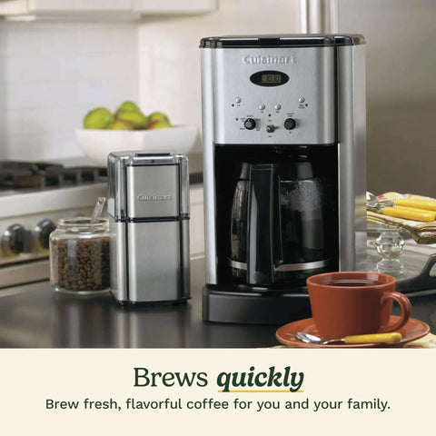 12 Cup Brew Central Coffee Maker With Fully Auto Programmable Settings, 24 Hour Delay Brew, Auto Off, 1 To 4 Cup Options shown on kitchen counter next to coffee grinder and cup