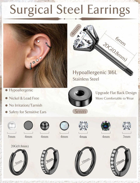 Flat Back Hypoallergenic Black Earrings For Women Made From 316L Stainless Steel Allergy Safe Nickel Free Lead Free No Irritation No Tarnish No Rust Vacuum Plated For Sensitive Ears Stackable Everyday Wear. 20G 4mm black stud and hoop set