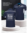 Custom Printed Multi Pocket Short Sleeve Industrial Work Shirt Personalized Warehouse Workwear Uniform Built Different For Logistics Crews Crushing The Grind, navy blue with reflective stripes.
