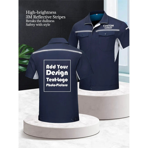 Custom Printed Multi Pocket Short Sleeve Industrial Work Shirt Personalized Warehouse Workwear Uniform Built Different For Logistics Crews Crushing The Grind, navy blue with reflective stripes.