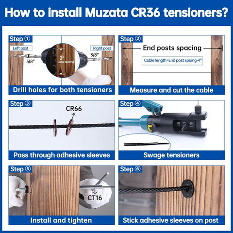 Installation steps for Muzata CR36 tensioners with tool and cable details, showing swage receiver kit and hardware setup.