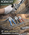 Heavy Duty Hog Ring Pliers Kit With 600 Galvanized Hog Rings shown in use on metal fencing, with three colored pliers and rings.