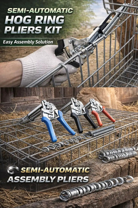 Heavy Duty Hog Ring Pliers Kit With 600 Galvanized Hog Rings shown in use on metal fencing, with three colored pliers and rings.