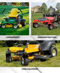 Collage of lawn mowers and garden tractors on grassy field, showcasing different models in varied colors and designs.