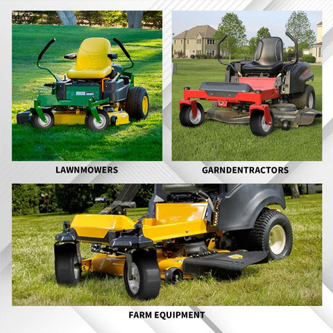 Collage of lawn mowers and garden tractors on grassy field, showcasing different models in varied colors and designs.