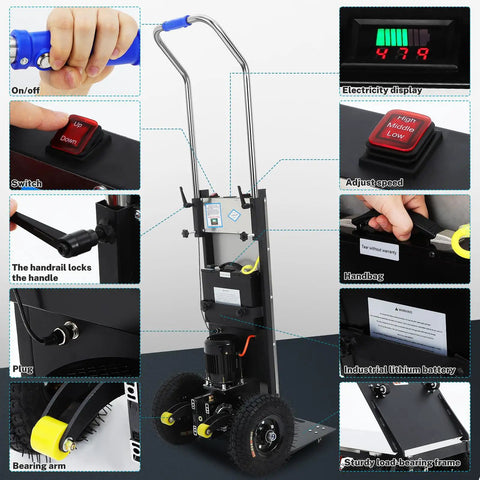 Heavy Duty Electric Stair Climbing Hand Truck With Powerful 1200 Watt Motor And Telescopic Handle To Lifting Heavy Furniture And Appliances Effortlessly On Tough Steps detailed controls and features.