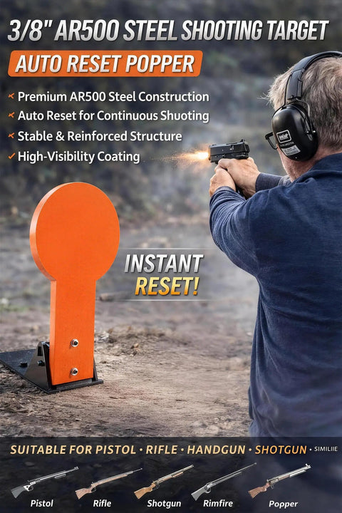 Person shooting at AR500 Steel Shooting Target 12 Inch Auto Reset Popper For Outdoor Range Training, orange target visible